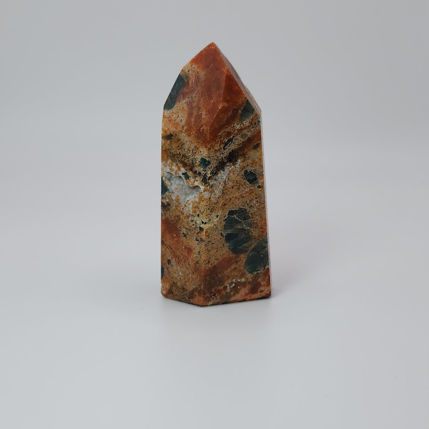 Blue Apatite in Orange Calcite Tower