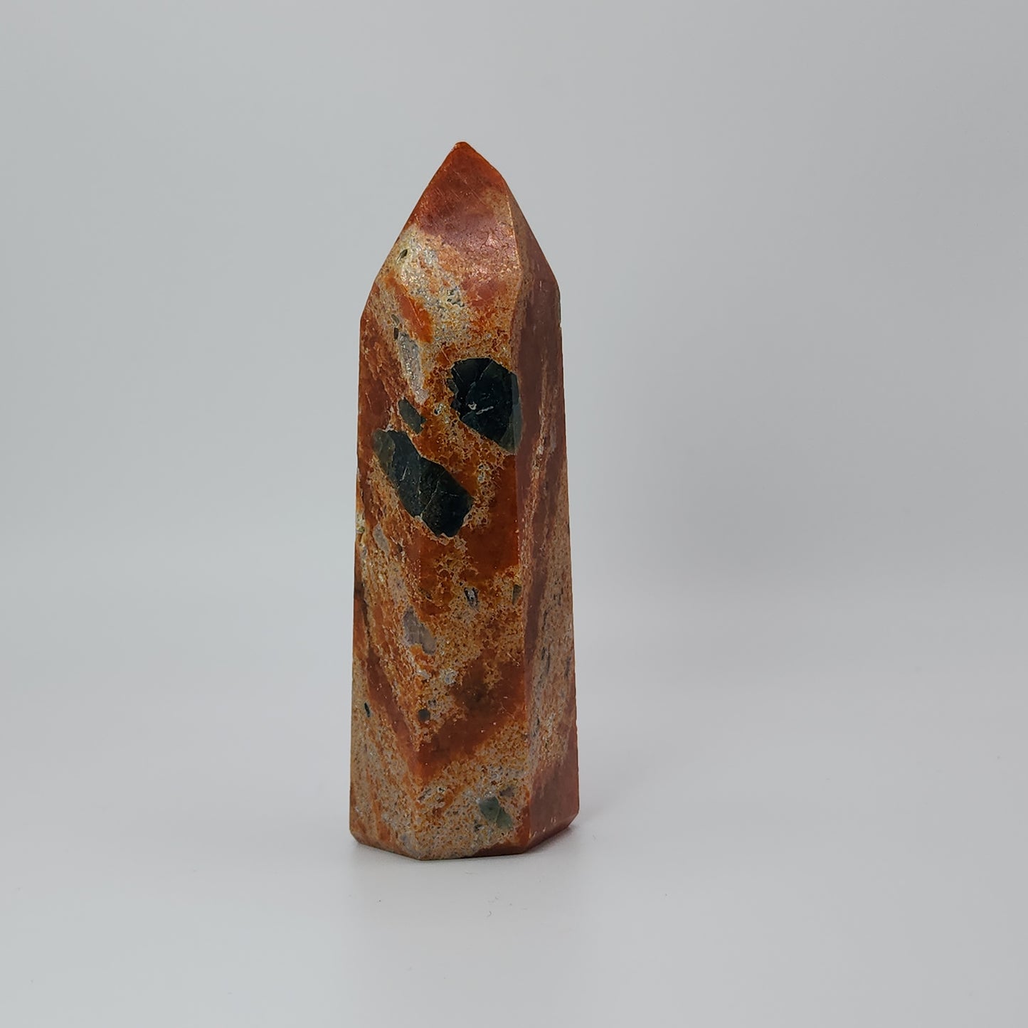 Blue Apatite in Orange Calcite Tower