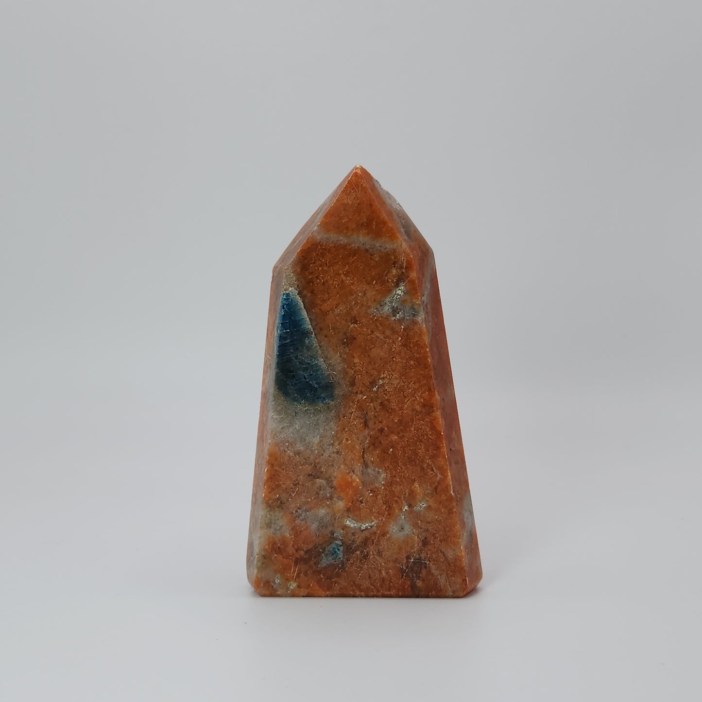 Blue Apatite in Orange Calcite Tower